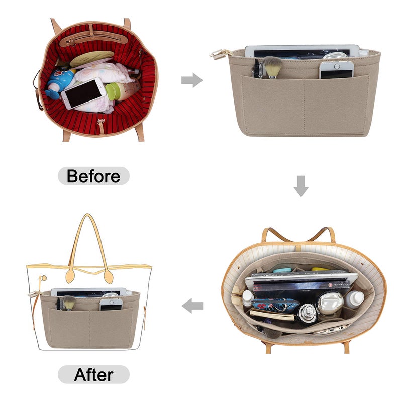 Soyizom Purse Organizer Insert Felt Purse Insert Bag Organizers Multi Pockets Tote Bag in Bag for Women,Beige-M - Image 4
